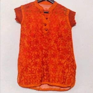 Orange Embroidered Mesh Top