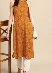 Mustard Sleeveless Bandhani Print Straight Kurta