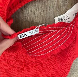 Zara Boho Cotton Bright Red Ruffles Smocked