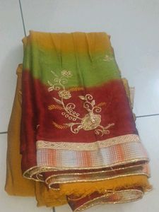 Elegant Gold Chiffon Saree with Floral Border