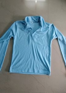 Sky Blue Long Sleeve Polo Top