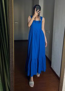 NEW LOOK Square Neck Back-Tie Midi Dress in Blue