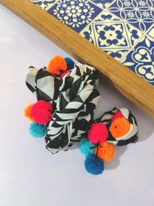 Black &amp; White Scarf With Pom Poms