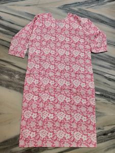 Pink &amp; White Floral Kurti pant dupatta Set