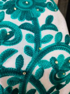 White And Green Embroidered Dress Material