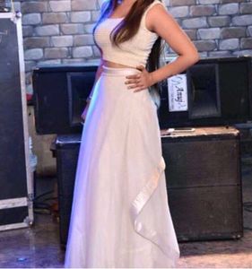 Elegant Pearl Embellished Crop Top and skirt