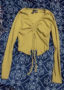 Olive Ribbed Tie Front Top