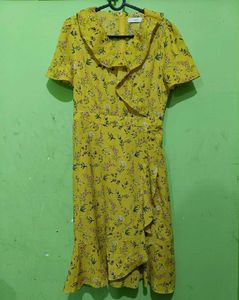 Yellow Floral Ruffle Wrap Dress