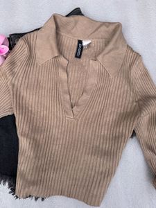 Ribbed Long Sleeve Polo Top