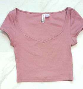 Pink Ribbed V-Neck Crop Top