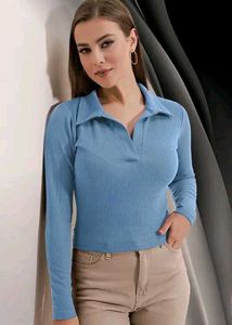 Brown Ribbed Polo Long Sleeve Top