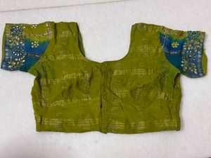 Olive Georgette Blouse with Embroidered Sleeve
