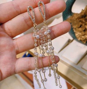 Korean White Dangling Pearl Tassel Crystal Earring