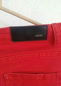 AMIRI Red Cotton Stretch MX1 Leather Patch Jeans From AMIRI.