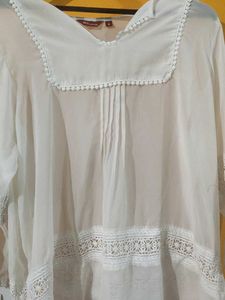 White Sheer Lace Trim Blouse