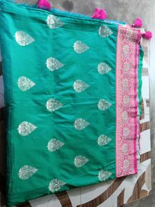 sea green saree with pink colour combination
