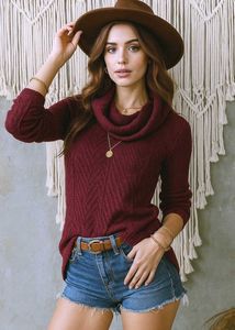 🎁Buy 2 Get2 Free Burgundy Cowl Neck Sweater E