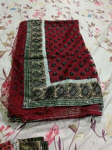 Net Silver Print Saree & Blouse, Petticoat