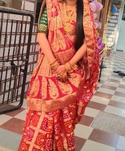 heavy work bandhej saree with zari weaving