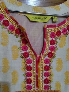 Cream Yellow  Embroidered Kurti