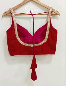 Red Velvet Padded Blouse With Back Hook Lace Work