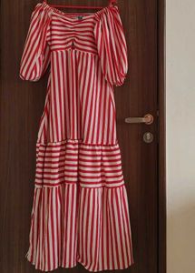 Red &amp; White Striped Puff Sleeve Maxi Dress