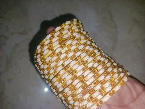 Cream, Golden White Work On Bangles