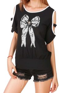 Black Cold Shoulder Bow Tee
