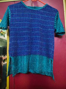 Blue Textured Short Sleeve Top