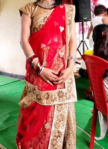 Bridal lehenga golden and Red with heavy work