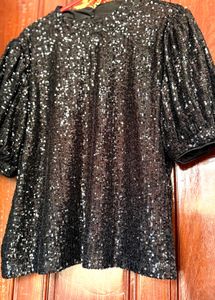 Black Sequin Puff Sleeve Top
