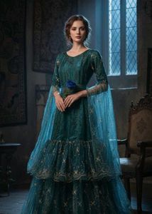 Enchanting Teal & Gold Embroidered Tiered Gown