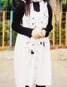 White Frock With Black Dotted Design