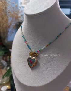 Hand painted Heart Locket Beaded Necklace