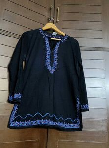 Women Black Cotton Embroidered Tunic Top