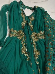 Emerald Green &amp; Gold Embroidered Anarkali Suit