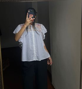 Embroidered Cotton Linen Flutter sleeve Tops