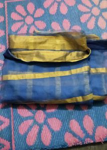 Blue Saree With Golden lines