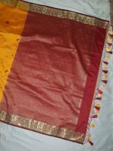 New smooth Silk saree turmeric yellow- maroon