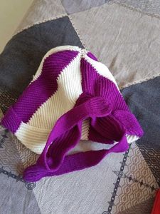 Striped Purple &amp; White Knitted Hat