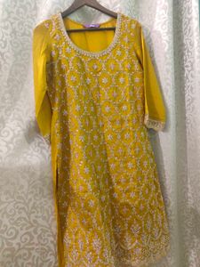 Embroidered Mustard Silk Blend Kurta Set