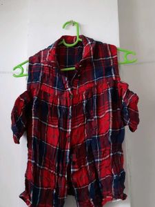 Red Plaid Cold Shoulder Top
