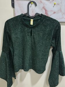 Green Shimmer Bell Sleeve Top