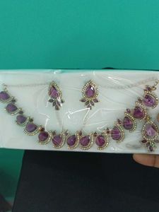 Purple Neckset Earrings And Mangtikka