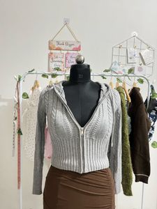 Gray Zip-Up Cable Knit Hoodie