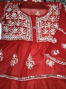 Red Chikan Kari Kurti With Mirror Work