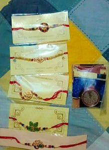 Designer 5 Rakhiya, Chawal, Roli, Greeting Card