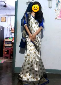 Elegant White Embroidery Saree with Blue Border