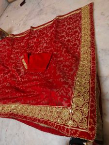 bandhani design Red Embellished Saree