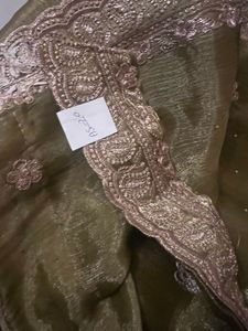 Olive Green Organza  Fabric 3 Piece Suit Set